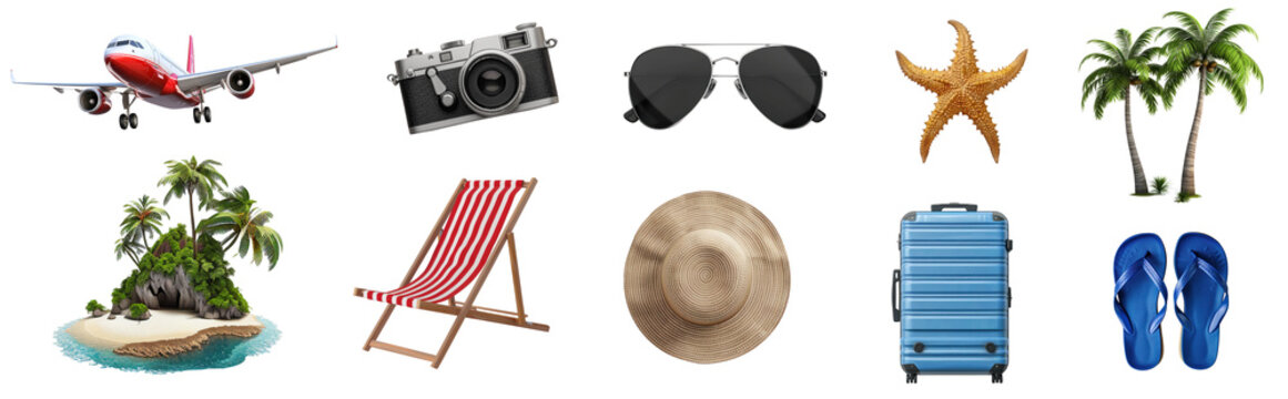 Tropical summer objects vacation concept, Airplane, camera, sunglasses, starfish, palm tree, island, beach chair, hat, suitcase, sandals,  isolated on white and transparent background