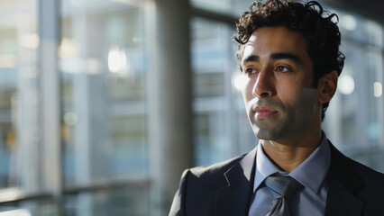 Naklejka premium A young professional gazes confidently into the future, embodying ambition and foresight.