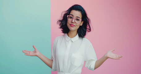 Studio portrait of young woman assistant with retro style shrugging at question, pink and blue background