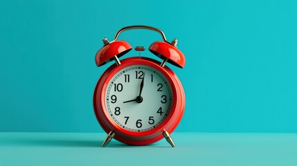 Retro Red Alarm Clock on Turquoise Background