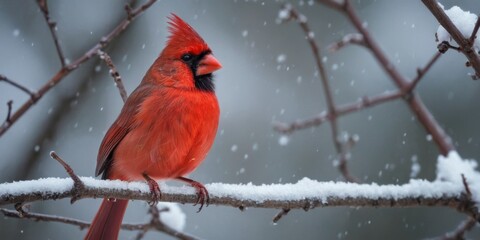 A male cardinal perched in a snow tree