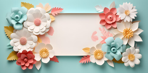 Framework for photo or congratulation with paper blossom and flowers. Woman's day, 8 march, Easter, Mother's day, anniversary greeting card