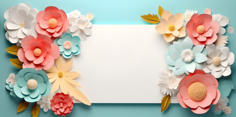 Framework for photo or congratulation with paper blossom and flowers. Woman's day, 8 march, Easter, Mother's day, anniversary greeting card