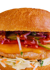 American burger with chicken cutlet isolated on white