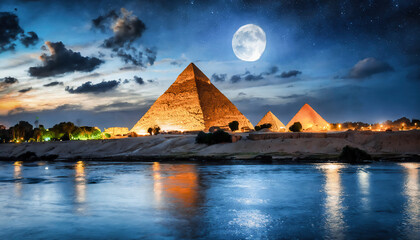 Dreamlike view of ancient Egyptian pyramids near Nile river with full moon. High angle view 