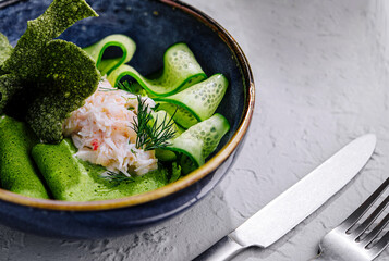 spinach pancakes with cucumbers and crab