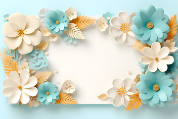 Fototapeta na wymiar Framework for photo or congratulation with paper blossom and flowers. Woman's day, 8 march, Easter, Mother's day, anniversary greeting card
