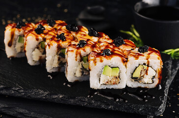 California Sushi roll with tuna, vegetables and unagi sauce