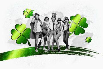 Banner image collage of cheerful funny people together enjoy st patrics celebration isolated on...