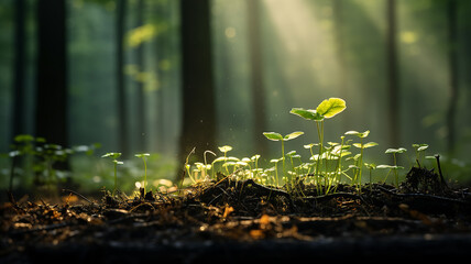 green shoots in the forest, sun rays in the morning green forest wildlife, eco concept freshness of spring morning, landscape