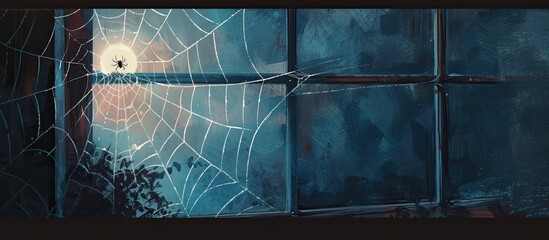 A detailed painting showcasing a shining spider web hanging in front of a modern window. The intricate web glistens in the light, creating a striking contrast against the windows sleek design.