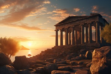 Fototapeta premium panorama of an ancient Greek rock temple, where twilight casts its enchanting glow upon the Doric column ruins, evoking a sense of timeless majesty.