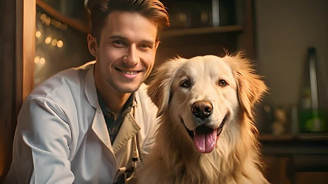 A man and his dog strike a pose for a photo in this video. The man smiles while the dog sits obediently, creating a heartwarming moment
