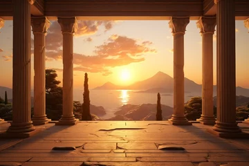 Fotobehang Donkerrood panorama of an ancient Greek rock temple, where twilight casts its enchanting glow upon the Doric column ruins, evoking a sense of timeless majesty.