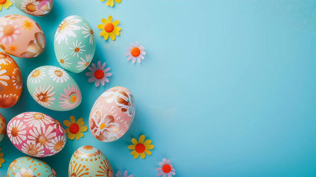  Easter Eggs with flowers pattern on border over soft blue banner background. Copy space, top view