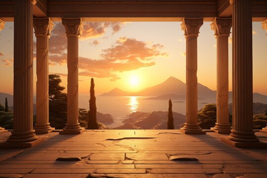 Panorama Of An Ancient Greek Rock Temple, Where Twilight Casts Its Enchanting Glow Upon The Doric Column Ruins, Evoking A Sense Of Timeless Majesty.