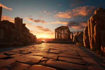 panorama of an ancient Greek rock temple, where twilight casts its enchanting glow upon the Doric column ruins, evoking a sense of timeless majesty.