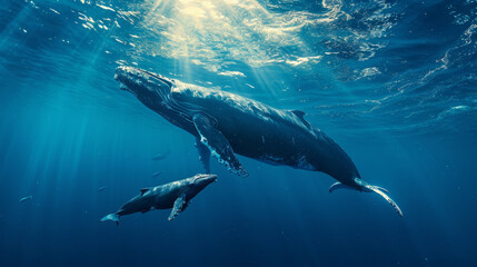 Fototapeta premium cinematic photo of a whale with her young whale, whale swimming unter water, turkise water color