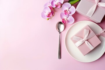 A sophisticated table setting with orchid, gift box, and spoon. Elegant Place Setting with Orchid and Gift