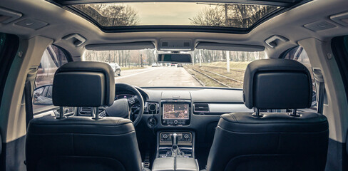 The interior of a modern car without people, a view from inside the car.