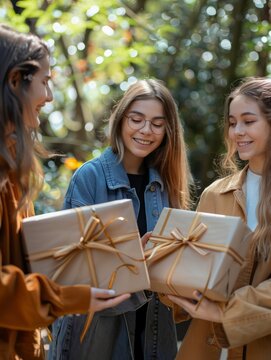 Young Women Sharing Gifts and Smiles Outdoors in Nature, Friendship and Celebration Concept, Daylight Candid Phot