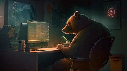 A bear is seated at a desk, engaging with a computer screen. Watch as the bear interacts with technology in this unique setting
