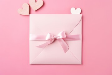 A delicate pink envelope tied with a ribbon surrounded by heart confetti. Pink Valentine's Envelope with Hearts