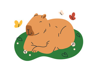 Cute funny capybara sleeping in nature. Happy capy asleep. Sweet lazy capibara animal relaxing, resting in peace, chilling, lying on grass. Flat vector illustration isolated on white background - 746371962