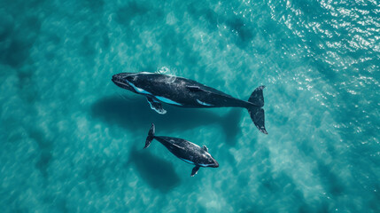 cinematic photo of a whale with her young whale, whale swimming unter water, turkise water color