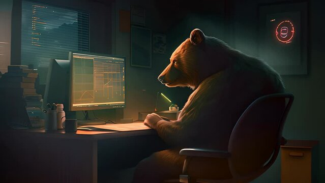 A bear is seated at a desk, engaging with a computer screen. Watch as the bear interacts with technology in this unique setting