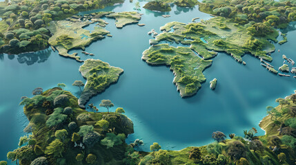 Fototapeta na wymiar A lake in the shape of the world continents in the middle of nature. topview photography.