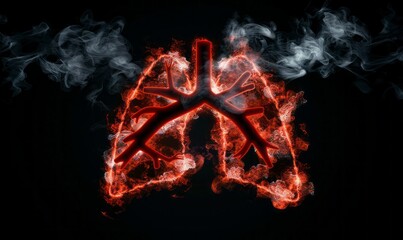 a fiery representation of human lungs with a red no-smoking sign superimposed over them, all set against a dark background with smoke surrounding it.  - obrazy, fototapety, plakaty