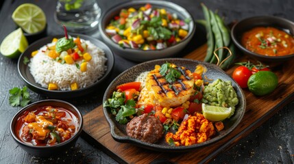 Colorful Assortment of Mexican Dishes with Grilled Fish, Rice, Guacamole, Beans, Soup, and Vegetables on Rustic Table