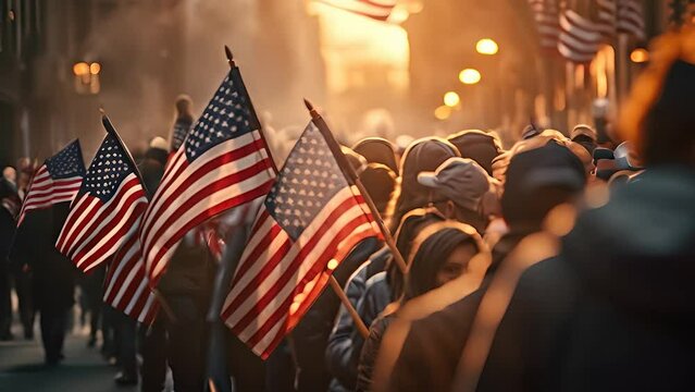 A crowd of people marches down a street, proudly waving American flags in unity and solidarity