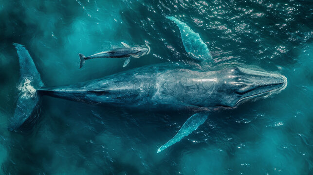 cinematic photo of a whale with her young whale, whale swimming unter water, turkise water color