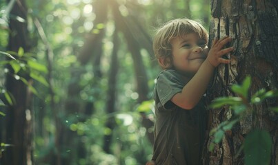 a young child hugging a tree, looking up with a smile in a forest setting, bathed in sunlight filtering through the leaves