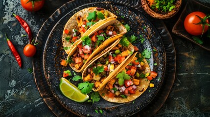 Delicious Homemade Chicken Tacos with Fresh Vegetables, Lime, and Cilantro on Rustic Table