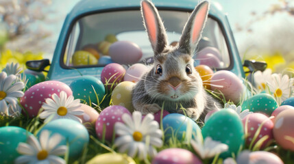 easter bunny driving in a car loaded with easter eggs