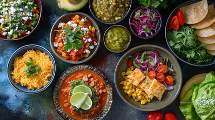 Assorted Mexican Dishes on Blue Background Featuring Tacos, Guacamole, Chili Con Carne and Fresh Ingredients