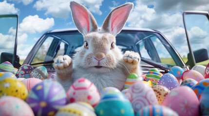 easter bunny driving in a car loaded with easter eggs - obrazy, fototapety, plakaty
