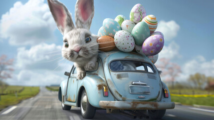 easter bunny driving in a car loaded with easter eggs
