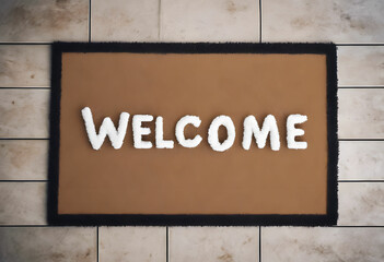 The word WELCOME written on a door mat.