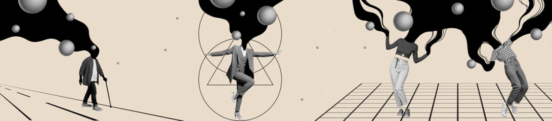 Panoramic creative picture collage headless woman bodies walking pensioner dancing funky concept...