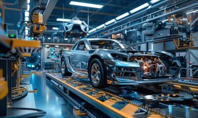 a modern car assembly line with a partially assembled car featuring its internal mechanics. Robotic arms and automated machinery surround the vehicle
