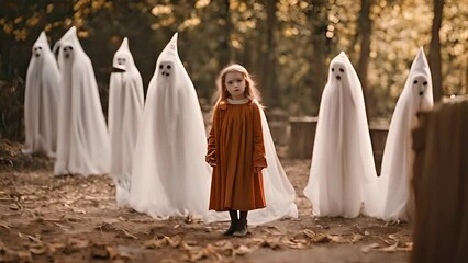 A young girl boldly stands before a gathering of ghostly figures, showcasing an eerie and surreal scene