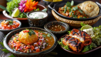 Vibrant Assortment of Traditional Mexican Cuisine Dishes on Wooden Table, Colorful Set-up for Festive Dinner