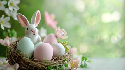 Happy Easter day decoration colorful eggs in nest and rabbit on paper background with copy space