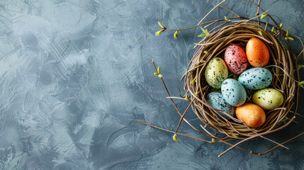 Happy Easter day decoration colorful eggs in nest on paper background with copy space