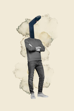 Vertical creative composite photo collage of headless man cigarette instead of head standing arms crossed isolated on painted background