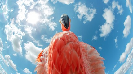 Bottom view of a flamingo against the sky. An unusual look at animals. Animal looking at camera - obrazy, fototapety, plakaty